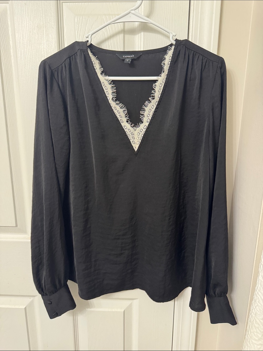 Express Black V-Neck Blouse with Ivory Lace Trim Accent